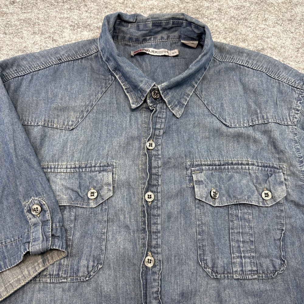 Projek Raw denim shirt men's large short sleeve pockets western rodeo cowboy